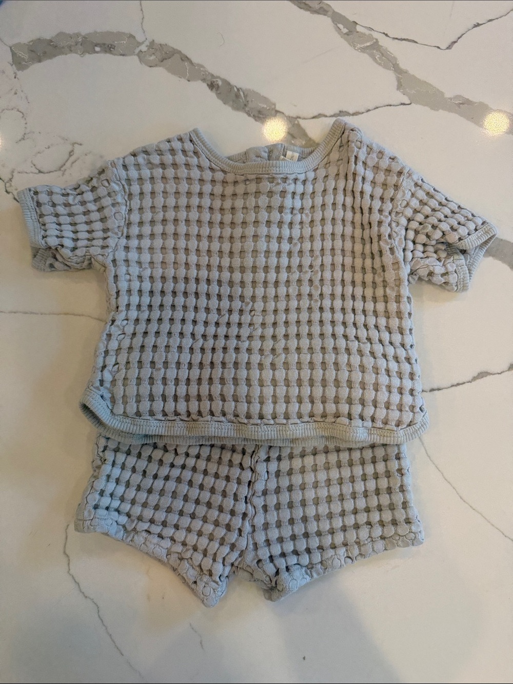 Quincy Mae Light Gray Waffle Knit Short Sleeve Top & Shorts Set